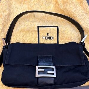 Fendi Black Canvas Shoulder Bag with Silver FF Buckle
